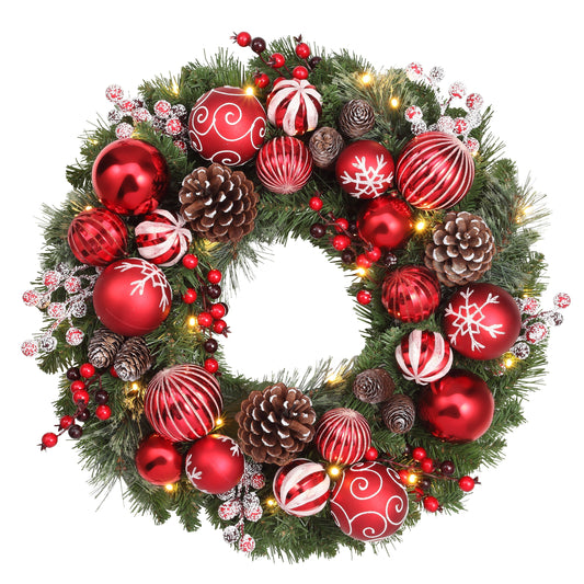 Haute Decor 26 Inch Holiday Times Wreath with Patterned Red and White Shatterproof Ornaments, Berries, and Real Pinecones