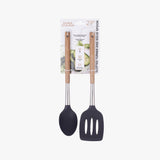 2-Piece Solid Spoon & Slotted Turner Set - Acacia Wood & Stainless Steel Handles, Silicone Heads, Non-Stick Safe, Black