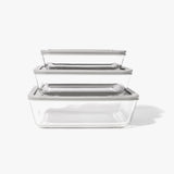 6 Piece Set (3 Containers + 3 Lids) Rectangular Nesting Glass Storage Containers, Blue