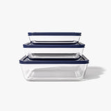 6 Piece Set (3 Containers + 3 Lids) Rectangular Nesting Glass Storage Containers, White