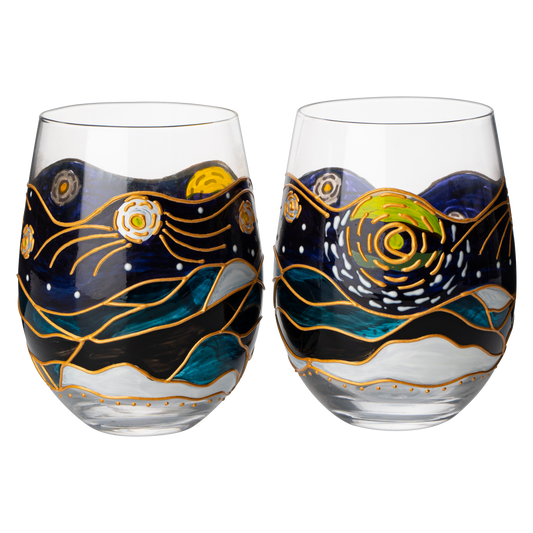 Vincent Van Gogh Wine Glasses Artisanal Hand Painted Stemless Set of 2