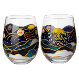 Vincent Van Gogh Wine Glasses Artisanal Hand Painted Stemless Set of 2