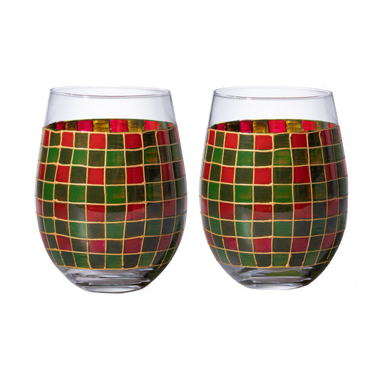 Crystal New Years Artisanal Hand Painted Stemless Glasses Set of 2