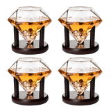 Set of 4 Diamond Whiskey & Wine Glasses With Wood Stands 10oz