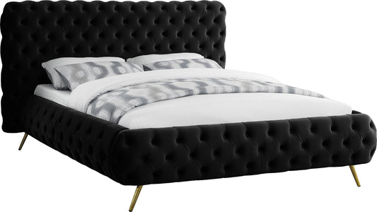 Delano Luxurious Velvet Bed with Deep Button Tufting, Elegant Gold Metal Legs, and Modern Design