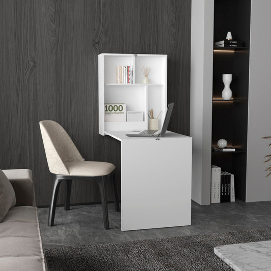 Kaplar 33" Wide x 23" Deep folding Table with Four Shelves, Floating Table, Retractable Table, Floating Desk, Ironing Table White