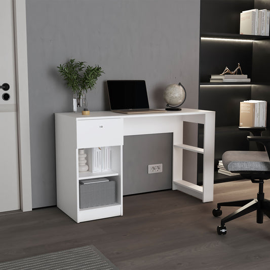TUHOME 47" Modern Writing Desk with One Drawer and Four Open Shelves, Space-Saving Home Office Computer Desk for Bedroom or Living Room, Sleek Study Table with Smart Storage, Functional Workspace for Small Spaces