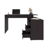 Upton L-Shape Home Office Desk, Modern Studio and Bedroom Study Table with Spacious Work Surface, Built-In Shelves and Drawers for Storage, Dark Wood Finish for Durability and Easy Maintenance