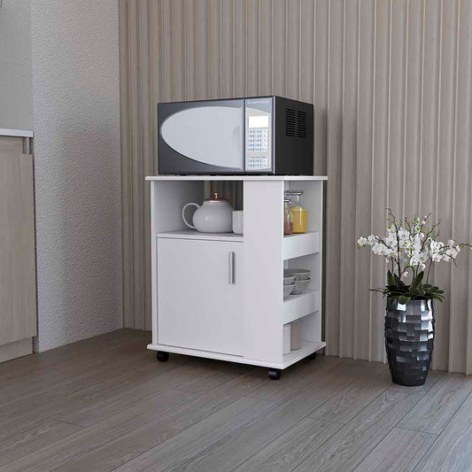 TUHOME Lower Microwave Storage Cabinet with Single Door and Three Side Shelves for Organized Kitchen Spaces Offering Practical Appliance Support, Functional Open Compartments and Durable Engineered Wood Construction