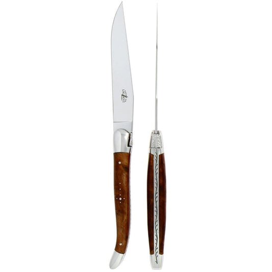 Forge de Laguiole 2 Piece Steak Knife Set Thuya Burl Shiny Finish