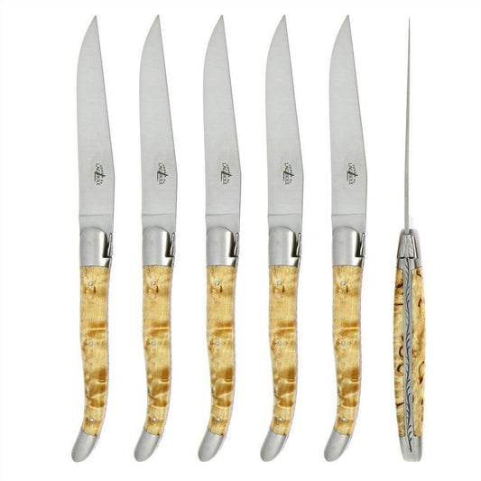 Forge de Laguiole 6 Piece Steak Knife Set Birchwood Handle Satin Finish