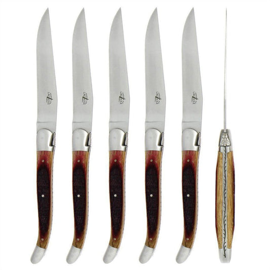 Forge de Laguiole 6 Piece Steak Knife Set Oak Barrel Handle Satin Finish