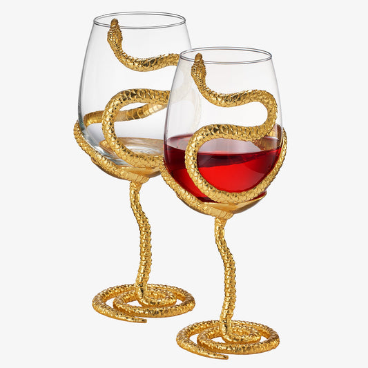 Stemmed Snake Wine Glass | Set of 2 | 19oz Spooky Reptile Glasses 10" H (Gold)