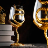 Stemmed Snake Wine Glass | Set of 2 | 19oz Spooky Reptile Glasses 10" H (Gold)