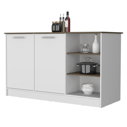 Ginger Kitchen Island with Spacious Countertop, Three Open Storage Shelves, Dual Cabinet Doors with Interior Shelves and Functional Floorstanding Design for Enhanced Organization, Meal Prep Efficiency and Modern Kitchen Appeal
