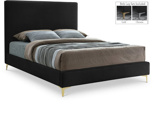 Geri Contemporary Velvet Bed with Stylish Piping and Versatile Gold & Chrome Legs for Modern Homes