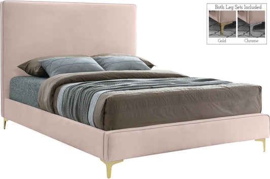Geri Black Velvet Bed with Piping and Gold & Chrome Legs for a Stylish Contemporary Bedroom Design
