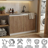 Napoles Utility Sink with Faucet Inclued and Integrated Steel Counter top, Freestanding cabinet with two doors, Metal Handles and Two interior shelves.