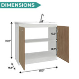 Napoles Utility Sink with Faucet Inclued and Integrated Steel Counter top, Freestanding cabinet with two doors, Metal Handles and Two interior shelves.