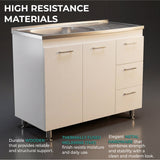 Ferretti Utility Sink Base Cabinet with Stainless Steel Countertop, Three Storage Drawers, Double-Door Cabinet and Integrated Faucet Opening for Modern Kitchen Organization, Prep Convenience and Functional Home Utility