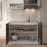 Napoles Utility Sink with Faucet Inclued and Integrated Steel Counter top, Freestanding cabinet with two doors, Metal Handles and Two interior shelves.