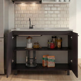 Napoles Utility Sink with Faucet Inclued and Integrated Steel Counter top, Freestanding cabinet with two doors, Metal Handles and Two interior shelves.