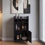 Phoenix Bar Cart with Two Open Shelves, Four Wine Cubbies and a Hinged-Door Storage Cabinet, Modern Mobile Serving Cart for Home Entertaining with Multi-Level Organization and Convenient Space-Saving Design
