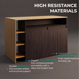 Bari Modern Kitchen Island and Counter Dining Table, Compact Structure with 4 Open Display Shelves, Two-Door Cabinet and, Spacious Dining Countertop