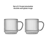Haven Fluted Stackable Double Wall Glass Mugs, 5.5 oz