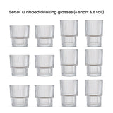 Bloom Ribbed Drinking Glasses, Set of 12