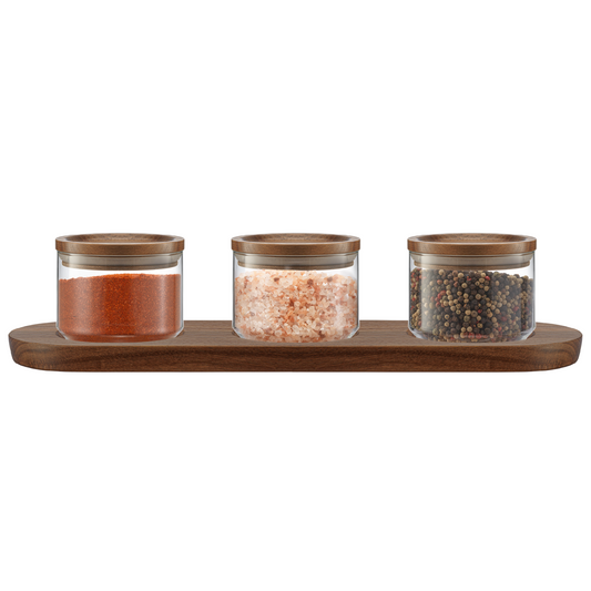 Holden Stackable Glass Storage Canister Set with Wood Lids and Tray