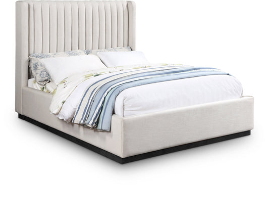 Logan Linen Textured Fabric Bed with Tall Channel Tufted Headboard and Modern Wingback Design