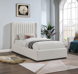 Logan Linen Textured Fabric Bed with Tall Channel Tufted Headboard and Modern Wingback Design