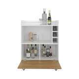 Tori 42" Tall One-Door Bar Cabinet with Three Cubbies, Three Shelves, Top Prep Surface with Protective Rail, Modern Liquor Cabinet for Living Room, Home Bar Storage Organizer and Display Unit