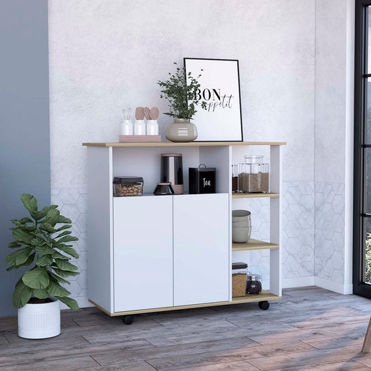Tuhome Paprika Kitchen Cart with Double-Door Cabinet, Four Open Shelves, Locking Casters, Spacious Countertop Surface, Mobile Multi-Purpose Storage Organizer for Meal Prep, Small Appliances, and Modern Kitchen Efficiency