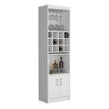 Kevil 71-Inch Tall Bar Cabinet with Pull-Out Tray, 12-Bottle Wine Cubbies, Glass Holder Stemware Rack, Multi-Tier Shelves, Liquor Storage, Adjustable Compartments and Modern Freestanding Design for Home Entertainment