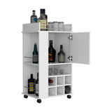 Fargo Bar Cart with Built-In Wine Storage for Six Bottles, Single-Door Cabinet, Open Display Shelf, Spacious Serving Top and Smooth-Rolling Casters for Versatile Home Entertaining and Stylish Beverage Organization