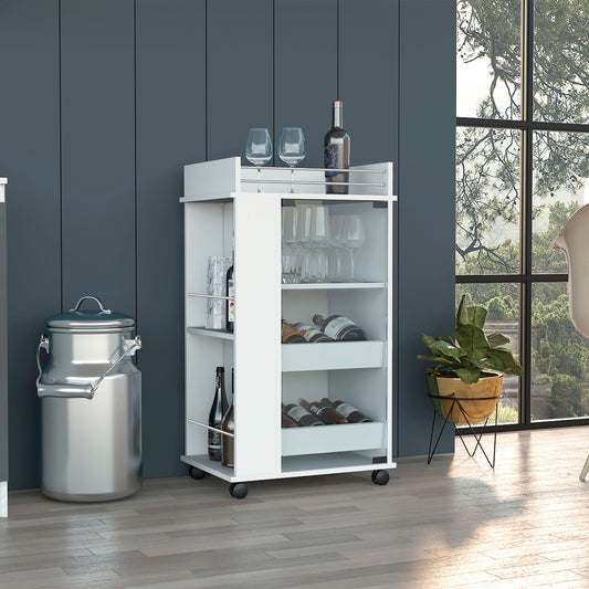 Baltimore Bar Cart with Glass Door Cabinet, Two Side Display Shelves, Spacious Serving Top and Smooth-Rolling Casters for Mobile Home Entertaining, Organized Bottle Storage and Stylish Cocktail Preparation