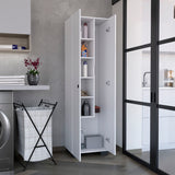 TUHOME Lake Broom Cabinet with Slim Design, Inner Adjustable Shelves, Side Broom Hangers and Lower Storage Niche Offering Compact Home Organization, Cleaning Tool Management and Durable Engineered Wood Construction