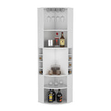 Oban Corner Bar Cabinet with Five Shelves, Eight Bottle Cubbies and Stemware Storage, Space-Saving Full-Corner Design for Home Entertainment, Multi-Level Display and Organized Beverage Storage for Modern Living Spaces