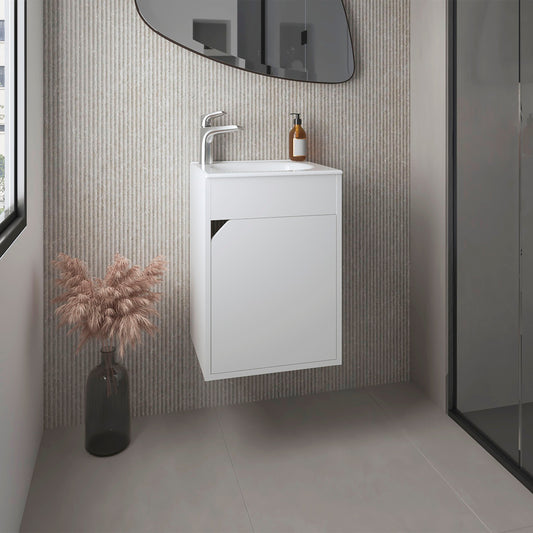 Bethel Free-Standing Bathroom Vanity Cabinet with Integrated Resin Sink Basin, One Access Door and Two Interior Shelves, Functional Storage for Toiletries, Compact Design for Small Bathrooms or Powder Rooms