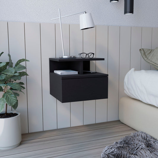 Tuhome Adele Floating Nightstand with One Drawer and Two Lower Shelves, Wall-Mounted Bedside Storage Solution for Compact Bedrooms, Modern Space-Saving Design with Hidden Storage and Display Area for Daily Essentials