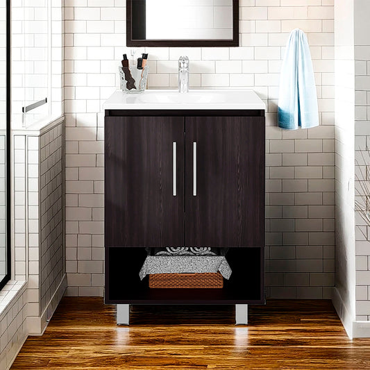 Conrad Freestanding Bathroom Vanity with Resin Sink, One-Door Cabinet, Open Shelf for Storage, Compact Modern Design for Small Bathrooms, Powder Room, and Space-Saving Organizer