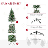 HOMCOM 7.5ft Pre-Lit Snow-Dipped Artificial Christmas Tree with Realistic Branches, 350 LED Lights, Pine Cones, Red Berries and 1075 Tips