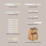 Martha Stewart 16 Piece Lockton High Carbon Stainless Steel Cutlery Kitchen Knife Block Set W/ ABS Tripe Riveted Forged Handle Acacia Wood Block