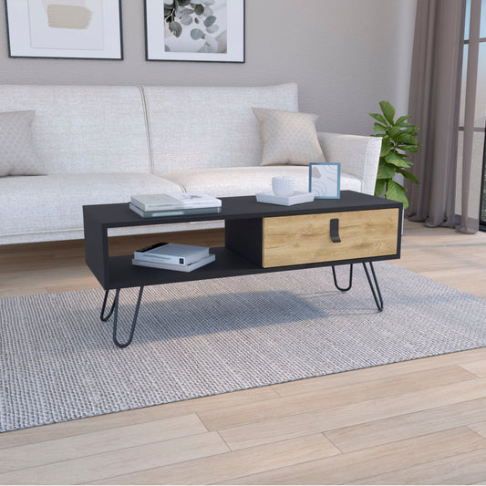 TUHOME Huna Coffee Table with Modern Hairpin Legs, Spacious Storage Drawer and Open Shelf Compartment Offering Contemporary Living Room Functionality and Durable Engineered Wood Construction for Everyday Home Use