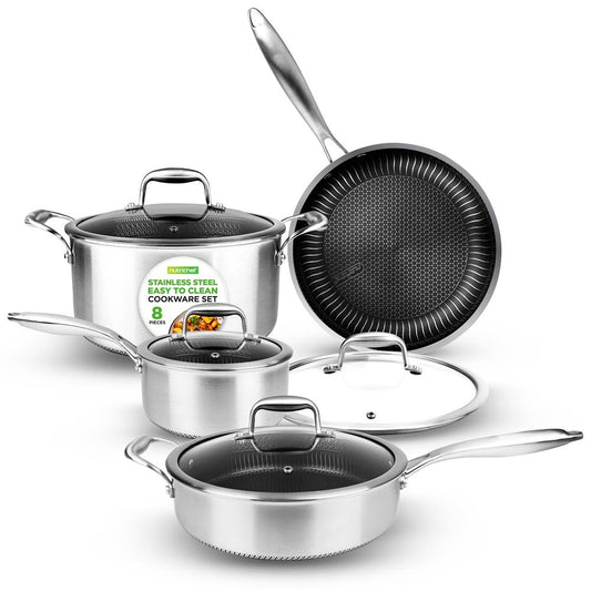Kitchenware Pots & Pans Set - Triply Stainless Steel Cookware, Non-Stick Coating Inside And Outside (8-Piece Set)
