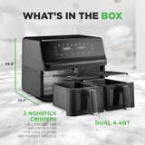 4.4Qt Dual Basket Air Fryer - Customized Digital Display Electric Oil Free Cooker With Transparent Window (Black)