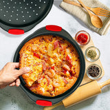 2-Pc. Non-Stick Pizza Tray With Silicone Handle - Round Steel Non-Stick Pan With Perforated Holes