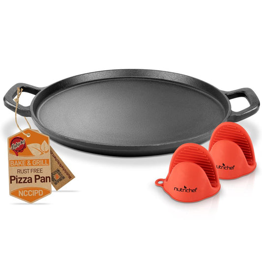 14'' Cast Iron Pizza/Baking Pan - Steel Pizza Cooker With Easy Grip Handles, Deep Stone For Oven Or Griddle For Gas, Induction, Grilling, & Oven, Includes 2 Silicone Handles